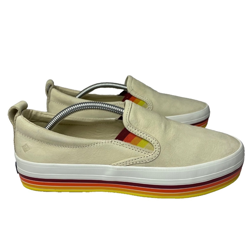 Sperry Top Sider Boat Shoes Womens 7.5 Tan Rainbow Pride Slip On Leather Sneaker